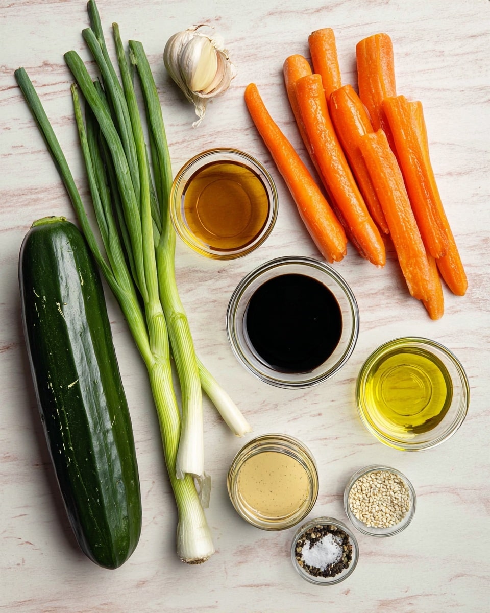 The image shows fresh ingredients neatly arranged on a white marbled surface. On the left, there is a long dark green cucumber and three green onions with white bulbs and green stalks placed beside it. To the right, there are five bright orange carrots. Between the vegetables, there are small clear glass bowls containing different sauces or liquids: a dark brown sauce, a lighter yellow oil, a golden liquid, and a light beige creamy sauce. There is also a small glass jar of golden liquid, a single garlic clove, and two small containers filled with white and black sesame seeds and salt and pepper mix. The setup is clean, colorful, and organized for cooking preparation. photo taken with an iphone --ar 4:5 --v 7