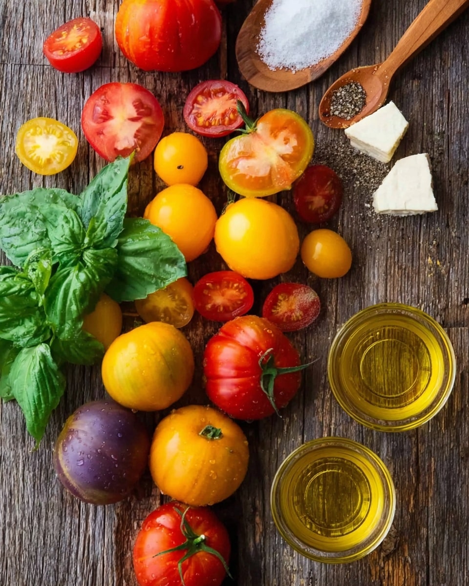 The image shows a rustic wooden surface with a variety of colorful tomatoes scattered across the top and center, including red, yellow, orange, and purple hues, along with some fresh green basil leaves placed at the bottom left. To the right, there is a small wooden spoon holding salt and pepper, and pieces of white cheese are near the top right corner. Two clear glass cups with golden olive oil are positioned near the bottom right of the frame. Photo taken with an iphone --ar 4:5 --v 7