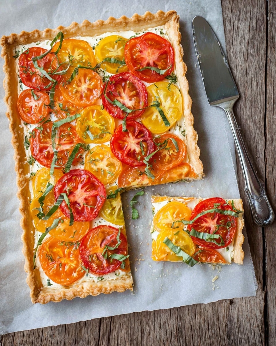 A rectangular tart on white parchment paper with a flaky, light golden crust forming the outer layer. The second layer inside the crust is creamy white, topped with a colorful mix of tomato slices in red, yellow, and orange spread evenly across the tart. Thin strips of fresh green basil are scattered on top, adding contrast. One square piece is cut and separated from the main tart, showing the thickness of all layers. The tart is placed on a wooden surface with a silver spatula nearby. Photo taken with an iphone --ar 4:5 --v 7