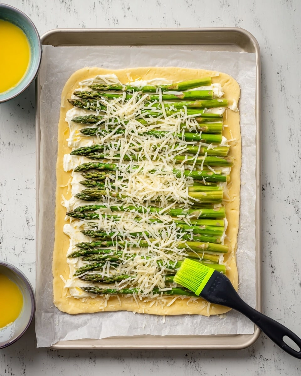 A rectangle of light yellow dough lays flat on a white baking tray lined with parchment paper, placed on a white marbled surface. On top of the dough, there is a layer of soft white cheese spread evenly, followed by a neat layer of green asparagus stalks placed side by side, covering most of the dough except for the edges. Scattered on top of the asparagus is a layer of thin, white shredded cheese. To the right of the dough on the tray are a small light blue bowl with beaten yellow egg and a black brush with a bright green silicone tip ready for use. photo taken with an iphone --ar 4:5 --v 7