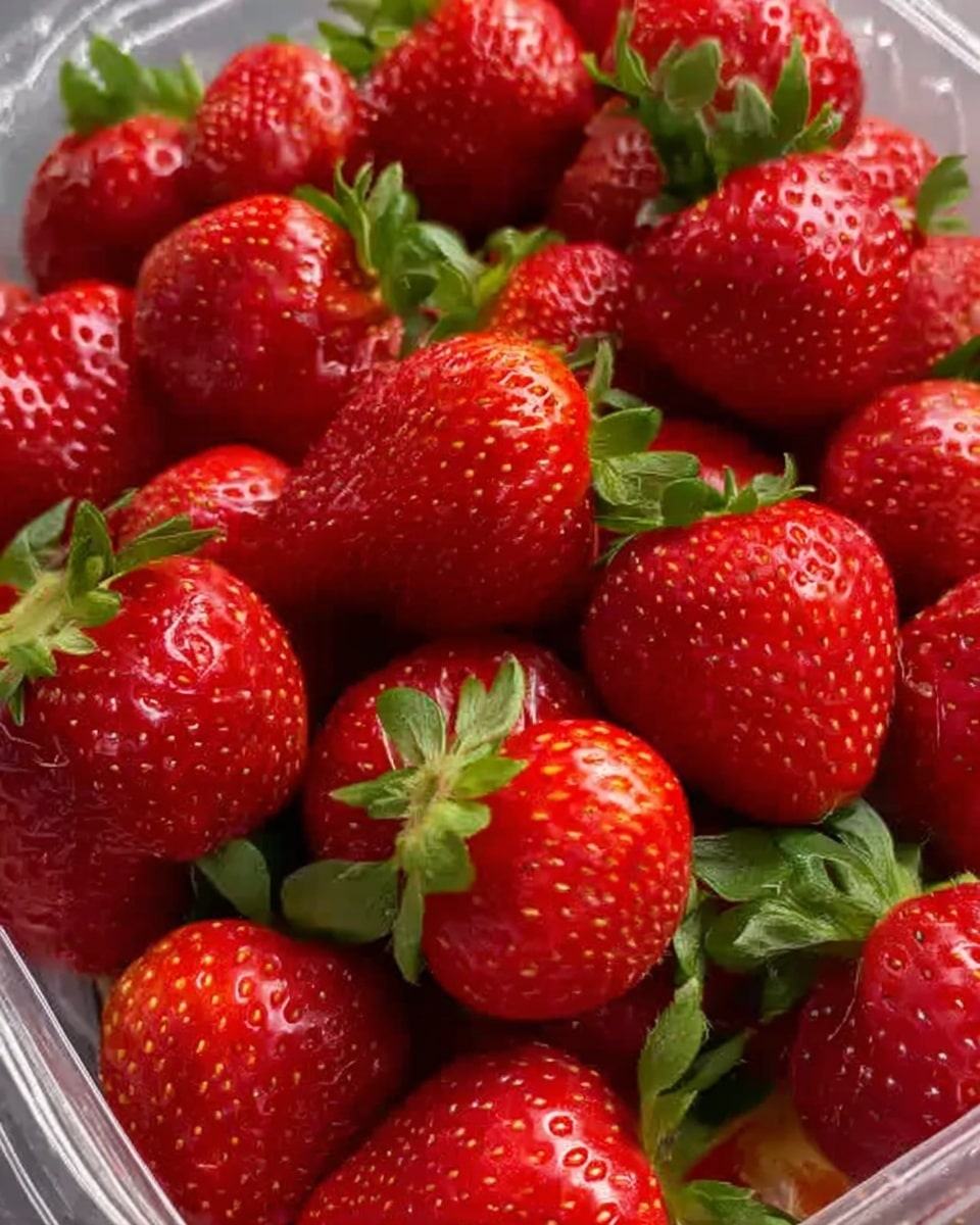 The image shows a close-up view of many fresh, bright red strawberries with green leafy tops. They fill a clear container, piled closely together, with a shiny and smooth texture on the strawberries’ skin. The edges reveal the white marbled surface beneath the container. The lighting highlights the natural red color and small yellow seeds on the strawberry surface, giving a fresh and ripe look. Photo taken with an iphone --ar 4:5 --v 7