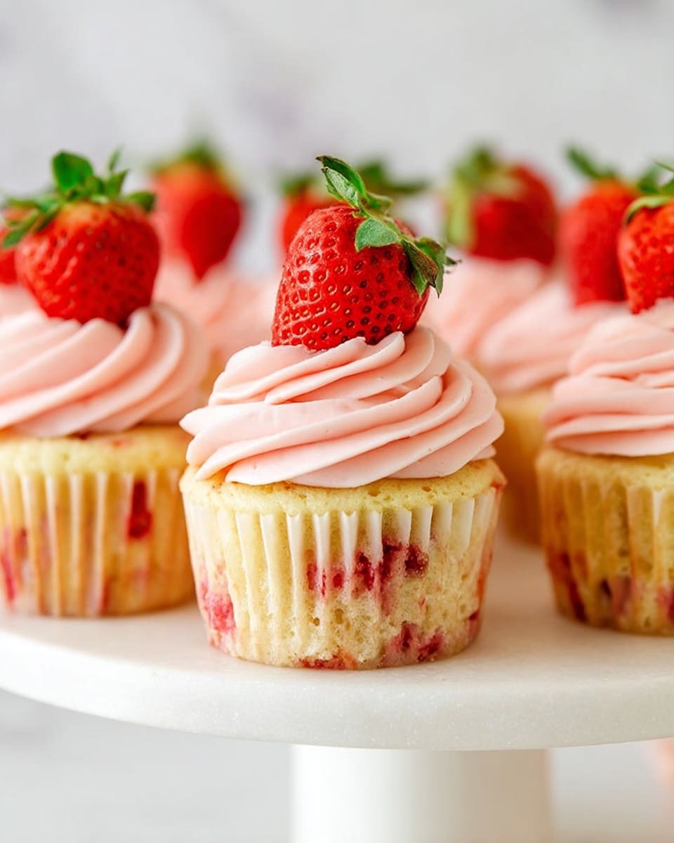 The image shows several cupcakes arranged on a simple white round stand against a white marbled background. Each cupcake has two main layers: the base is a light yellow cake with small red pieces mixed inside, and on top is a thick swirl of pale pink frosting with a smooth and creamy texture. Each frosting swirl is topped with a fresh half strawberry, vibrant red with seeds and green leaves still on. The cupcakes are close together, filling the frame nicely, and the lighting highlights their soft and inviting looks. photo taken with an iphone --ar 4:5 --v 7