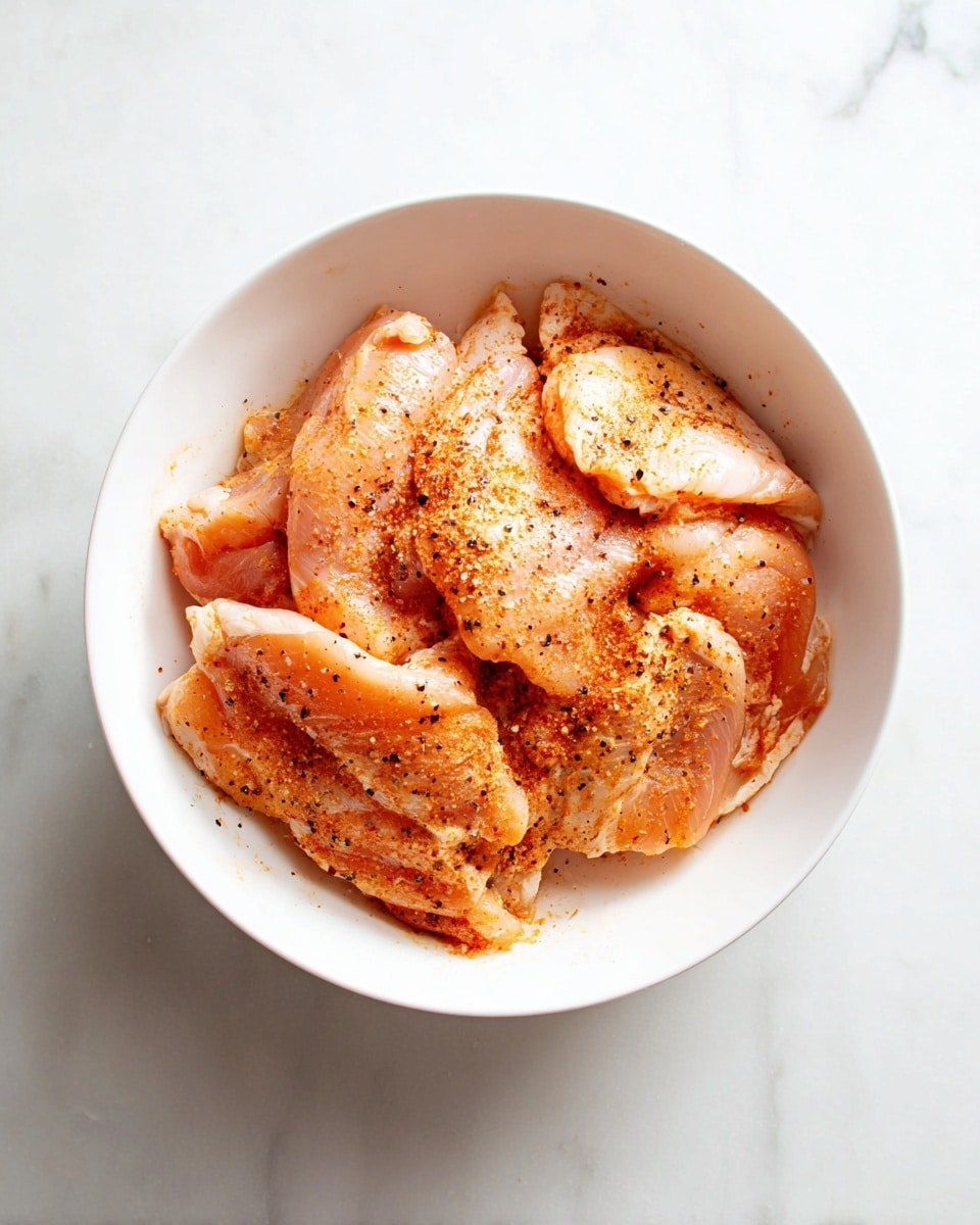 A white bowl filled with several pieces of raw chicken thighs seasoned with black pepper and a reddish spice, giving them a slightly orange tint on top. The chicken layers are uneven and overlapping, showing the moist and smooth texture of the meat. The bowl is placed on a white marbled surface with soft gray veining, creating a clean and bright background. photo taken with an iphone --ar 4:5 --v 7