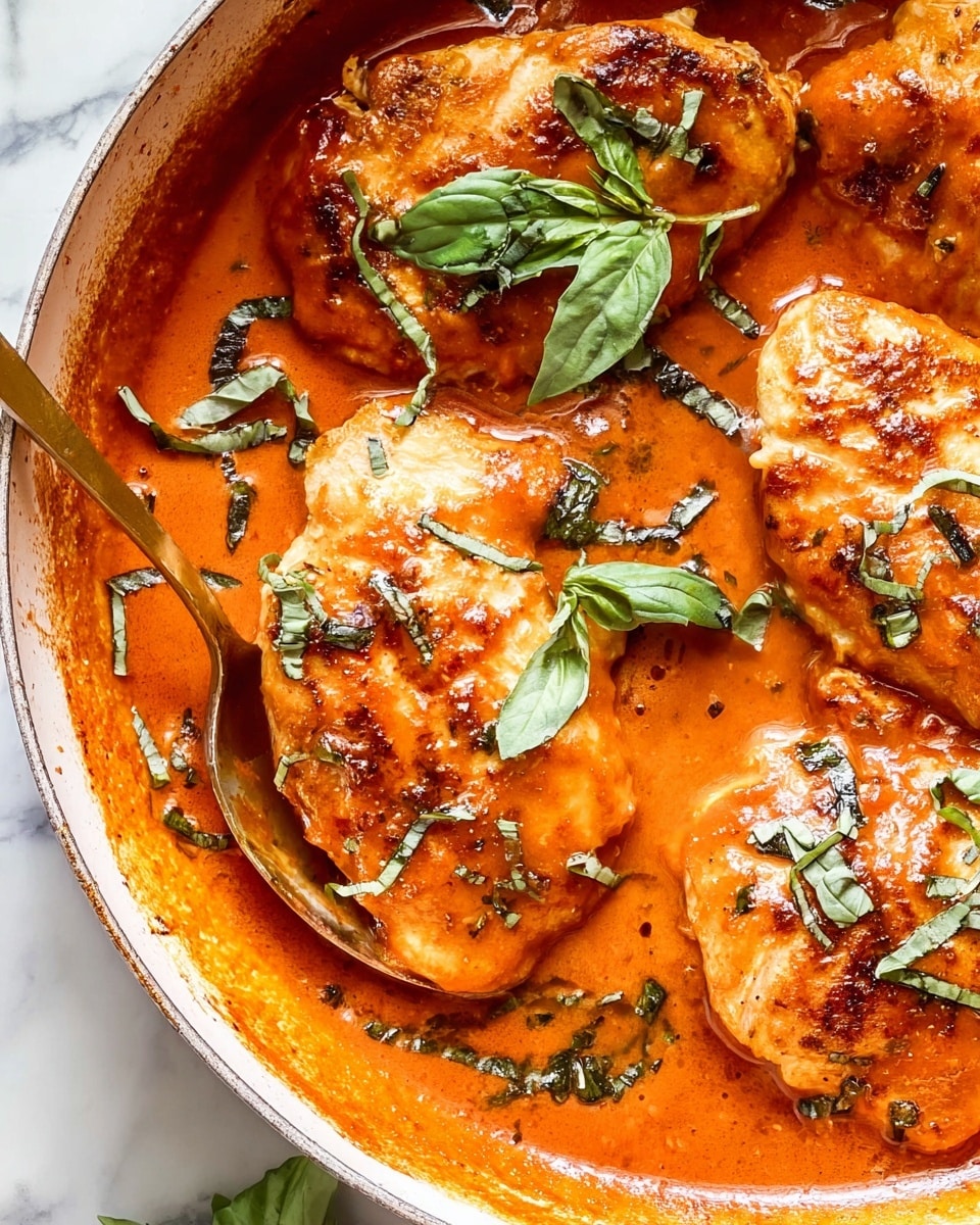 A close-up view of a dish with five light golden-brown cooked chicken pieces, each covered in a smooth, thick reddish-orange sauce pooling around them in a white pan. Bright green fresh basil leaves are scattered on top of the chicken, adding fresh color contrast. The edges of the pan show some sauce residue, and a golden spoon partially dips into the sauce near the top right side. The background shows a white marbled texture. photo taken with an iphone --ar 4:5 --v 7