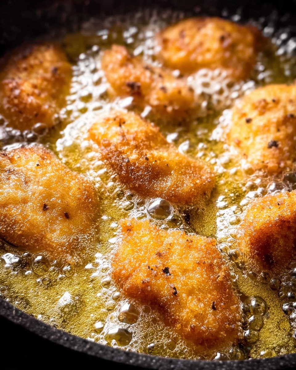 The image shows several pieces of golden brown, breaded food frying in bubbling yellow oil inside a black pan. The breaded pieces have a crisp, rough texture with small darker spots and are partially covered by frothy, light yellow oil bubbles. The bubbles vary in size and add a dynamic look to the cooking scene, with the food pieces appearing to be partially submerged and sizzling. The whole setting suggests the food is being cooked at a high temperature with active frying action. photo taken with an iphone --ar 4:5 --v 7