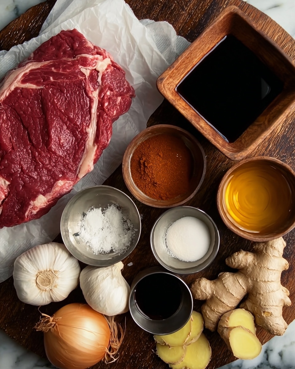 A flat piece of raw red meat with white marbling lies on white parchment paper on the left side. Beside it are small bowls filled with different sauces and powders: a dark thick sauce in a square wooden bowl at the top right, a reddish sauce in a round brown bowl near the center, a white powder in a small white bowl below, and a dark liquid in a round brown bowl below that. Around these bowls are garlic bulbs with some cloves separated, a yellow onion, fresh light brown ginger root, and small metal bowls containing light yellow and golden liquids. All items are on a dark wooden surface, with a white marbled background around. photo taken with an iphone --ar 4:5 --v 7