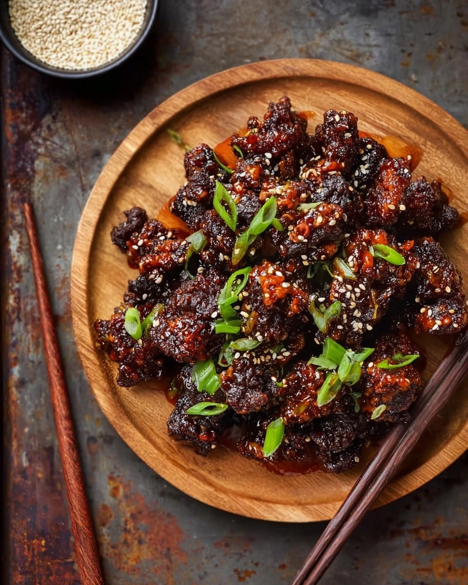 A round wooden plate holds several dark brown, crispy pieces of food with a shiny sauce. These pieces have a bumpy texture and are sprinkled with small white sesame seeds. Bright green chopped scallions are scattered over the top, adding color contrast. The plate is placed on a worn dark metal surface with a pair of dark brown chopsticks resting beside it. A small bowl with white sesame seeds is partly visible at the top left corner. photo taken with an iphone --ar 4:5 --v 7