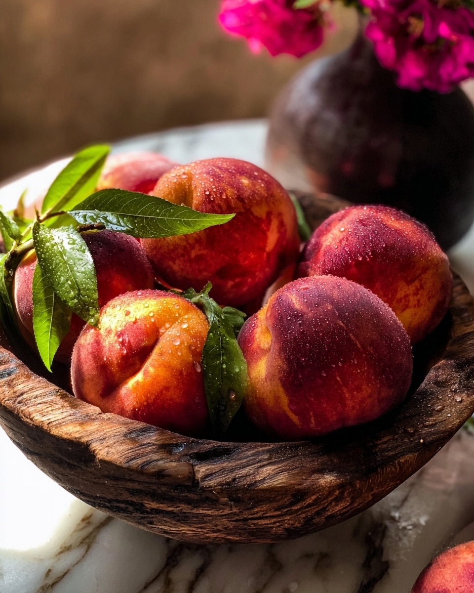 A close-up view of a rustic wooden bowl full of ripe, red peaches with a soft texture and tiny water droplets on them, placed on a white marbled surface. The peaches have green leaves attached, adding a fresh touch with their bright green color and slightly crinkled texture. The bowl's rough, dark wood grain contrasts with the smooth, shiny fruit. In the background, there is a blurred dark vase with small bright pink flowers. The photo taken with an iphone --ar 4:5 --v 7