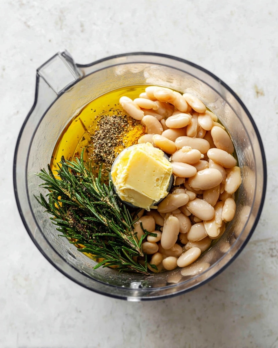 A clear food processor bowl filled with several layers of ingredients: the bottom layer is golden olive oil, next over it are pale white beans mostly covering the oil, a small mound of butter placed centrally on top of the beans, fresh green rosemary needles gathered near the butter, and some black pepper sprinkled lightly on one side. The container is placed on a white marbled surface. Photo taken with an iphone --ar 4:5 --v 7