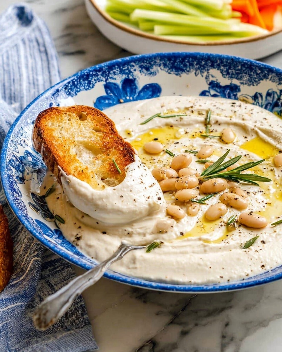 A white bowl with a blue floral pattern holds a thick creamy white dip spread out evenly on the surface. On top of the dip are light brown beans and small green sprigs of rosemary, along with a drizzle of golden oil and a dusting of ground black pepper. A spoon scoops part of the creamy dip, showing its smooth texture. A piece of toasted bread with a golden brown crust is partially dipped in the creamy mixture, resting on the side of the bowl. The bowl sits on a white marbled surface next to a blue and white striped cloth, with a white bowl of green and pale yellow raw vegetable sticks in the background. Photo taken with an iphone --ar 4:5 --v 7