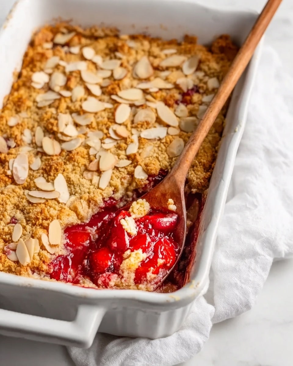 A white rectangular dish filled with a baked dessert that has a golden brown crust topped with sliced almonds. The top layer is crunchy and slightly uneven, with one corner scooped out revealing a layer of vibrant red cherries underneath. Texture contrasts between the toasted almonds and juicy cherry filling are visible. A wooden spoon rests inside the dish holding the scooped portion. The dish is placed on a white marbled surface with a white cloth nearby. Photo taken with an iphone --ar 4:5 --v 7