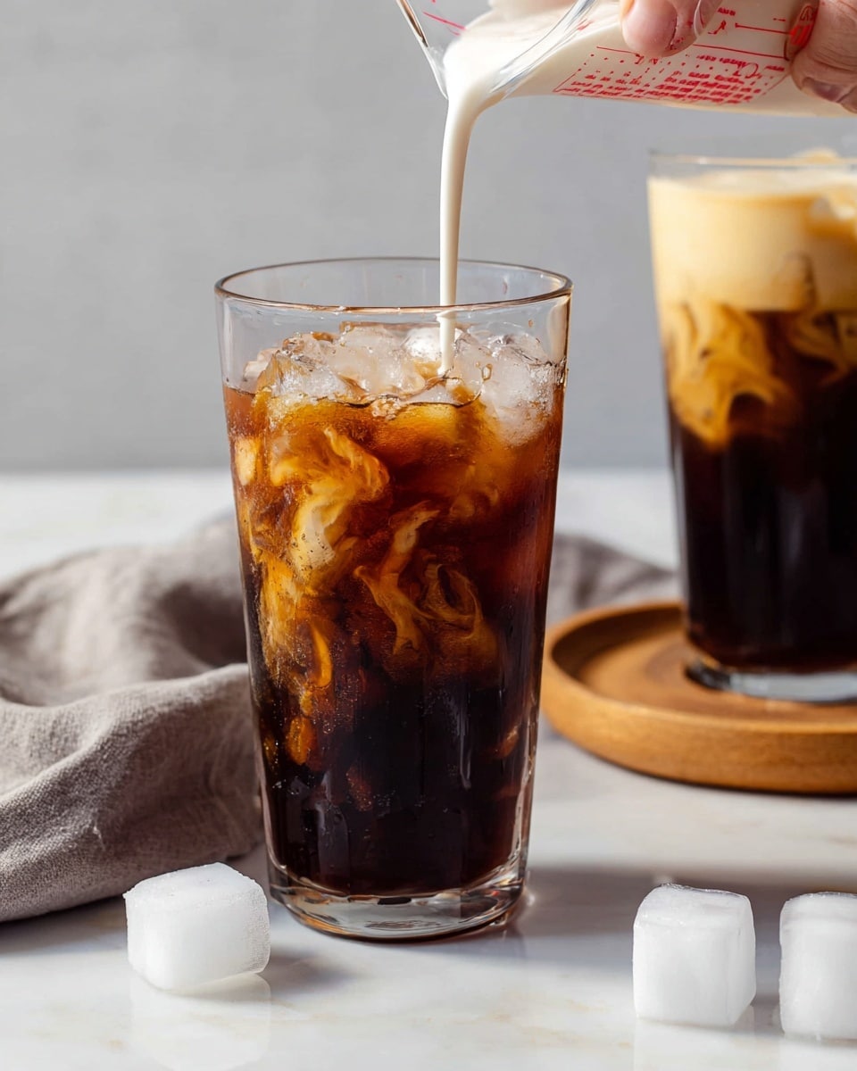 A clear glass filled with dark brown iced coffee and light brown ice cubes sits on a white marbled surface with two ice cubes nearby. A woman's hand is seen pouring creamy white milk from a measuring cup into the glass, creating swirls of white mixing with the dark liquid. In the background, there is a second glass of iced coffee with a layer of foamy cream on top sitting on a wooden coaster. A soft gray cloth is placed to the left side, and the overall scene is lit with soft natural light. photo taken with an iphone --ar 4:5 --v 7