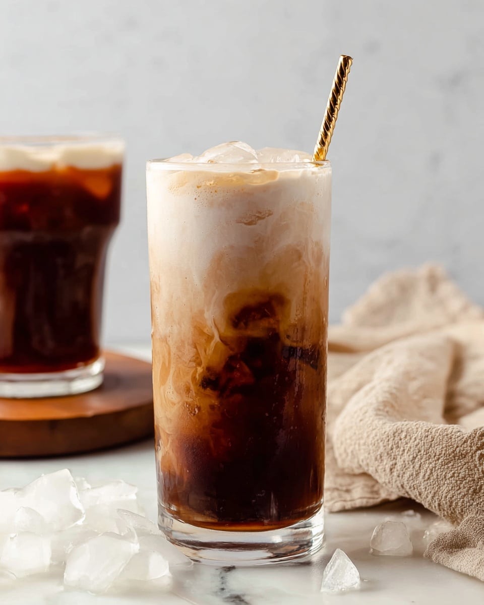 A tall clear glass filled with three main layers: the bottom layer is a rich dark brown iced coffee with visible ice cubes, the middle layer is a lighter brown where the coffee mixes with cream, and the top layer is a thick layer of creamy off-white foam with some ice partially covered inside, resting on a white marbled surface with some ice cubes scattered around; in the background, there is a similar glass with darker coffee and cream on top placed on a round wooden coaster, and a beige textured cloth is laid next to the glass, with a golden swirled straw standing upright in the main glass, photo taken with an iphone --ar 4:5 --v 7