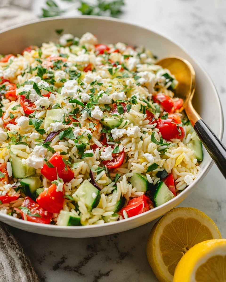 A white bowl full of a colorful rice salad with three main layers: the bottom has light yellow rice, the middle layer shows chopped bright red tomatoes and green cucumber pieces, and the top layer is sprinkled with white crumbled cheese and green chopped herbs. A gold and black spoon is partly placed inside the bowl. In the foreground near the bowl, there are two lemon wedges on a white marbled surface. photo taken with an iphone --ar 4:5 --v 7