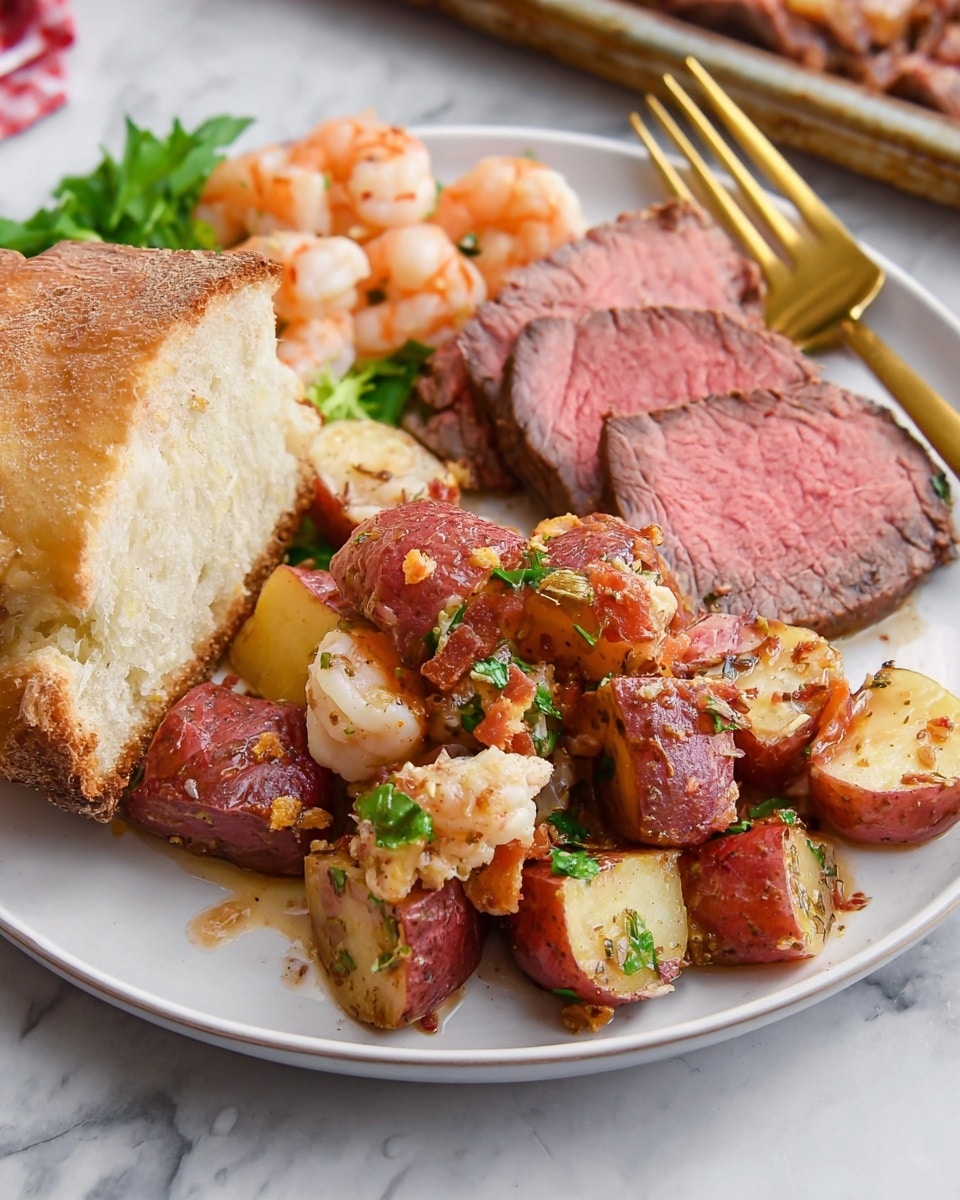 A white plate holds a meal with four main parts: on the left, a thick piece of light beige bread with a crusty texture; on the right of the bread, a pile of red-skinned potato chunks mixed with small bits of bacon, herbs, and a light sauce, showing soft yellow inside and slightly shiny skin; behind the potatoes, two thick slices of pink-centered roast beef with a dark brown crust; in the background, some small orange shrimp with a green leafy garnish. A gold fork rests on the right side of the plate, and the surface underneath is white marble. photo taken with an iphone --ar 4:5 --v 7