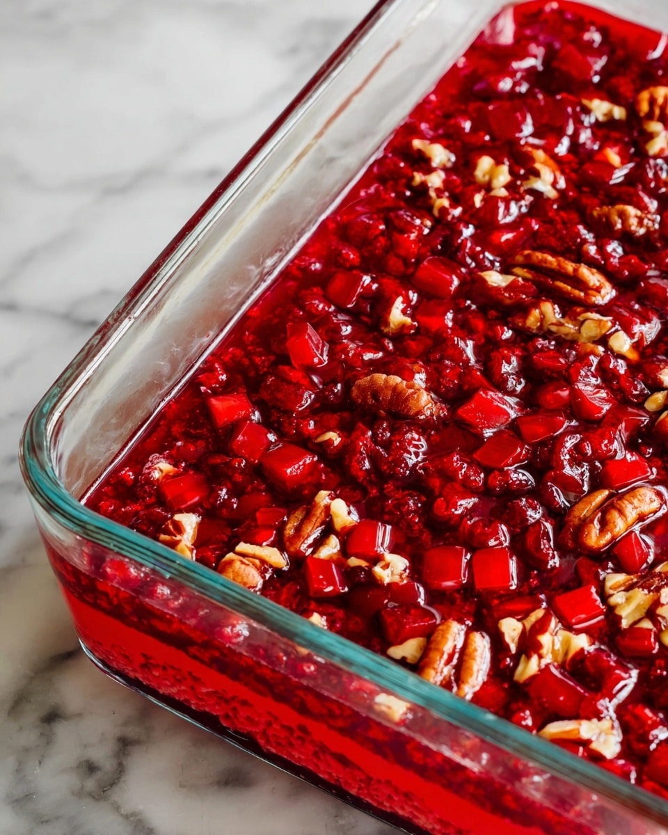 A glass baking dish filled with a bright red layered dessert, sitting on a white marbled surface. The top layer is glossy and red with large shiny chunks of pecans and small pieces of what looks like diced fruit spread evenly across it. The transparent sides show a thick, textured red layer beneath the top, giving a rich, dense look. The red colors range from bright to deep shades, creating a vibrant and appetizing appearance. photo taken with an iphone --ar 4:5 --v 7