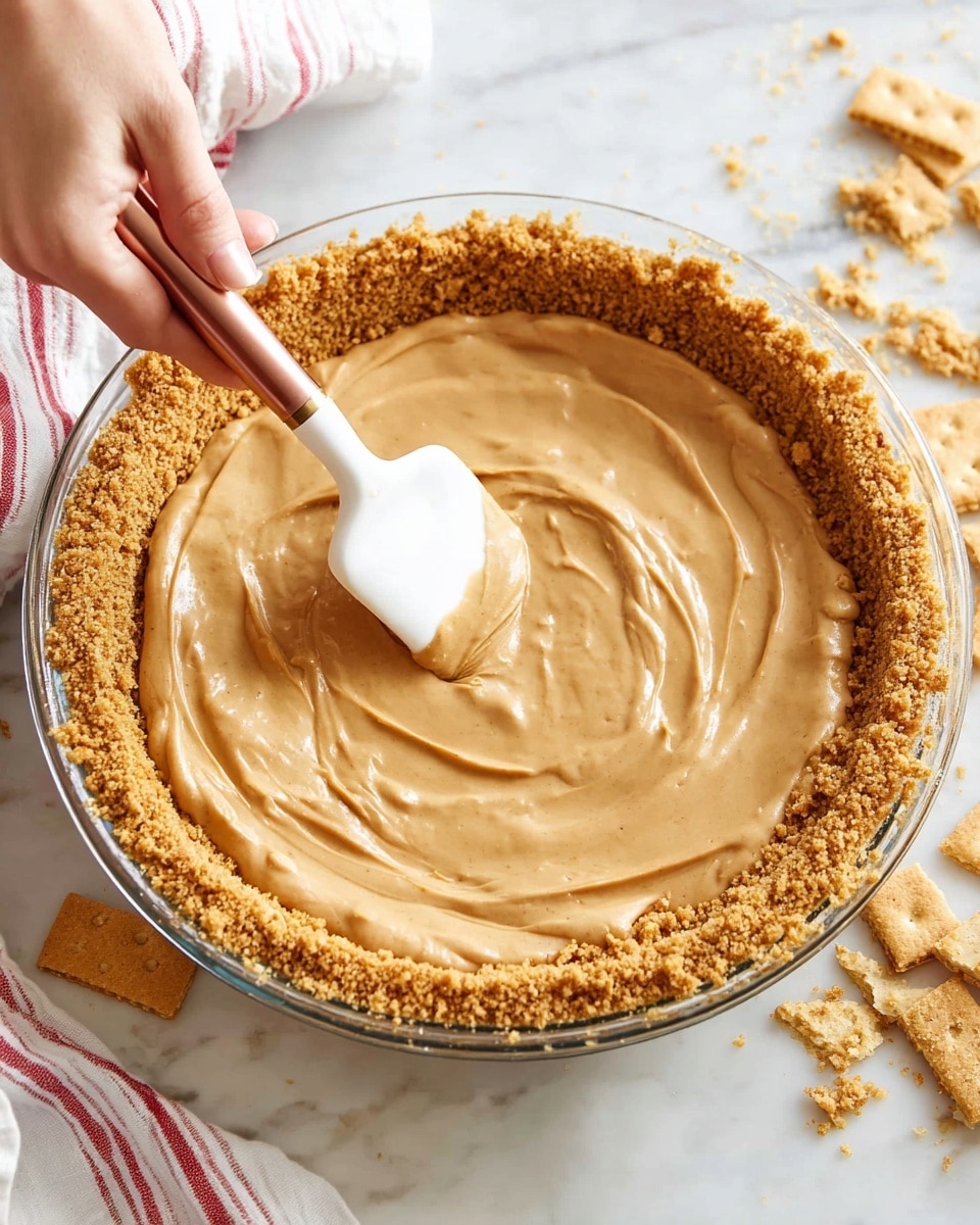 A clear pie dish holds two layers: the bottom and sides have a thick, golden crumb crust with a rough texture, while the inner layer is filled with smooth, light brown creamy filling being spread evenly by a woman's hand holding a white spatula with a rose gold handle. The pie is on a white marbled surface with some broken light brown crackers and crumbs scattered nearby. A white and red striped cloth is partly visible in the background. photo taken with an iphone --ar 4:5 --v 7