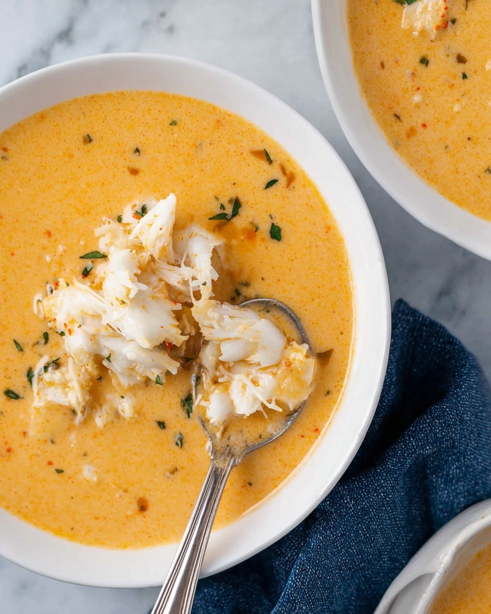 The image shows a white bowl filled with creamy, light orange soup that has a smooth texture with small green herb bits scattered throughout. On top of the soup, there are chunks of white crab meat placed mainly on one side, adding a soft, flaky texture contrast. A silver spoon is dipping into the soup, holding some of the crab pieces and a little bit of the soup, with the bowl set on a white marbled surface next to a dark blue cloth napkin; another similar bowl with the same soup is partially visible in the upper right corner. photo taken with an iphone --ar 4:5 --v 7