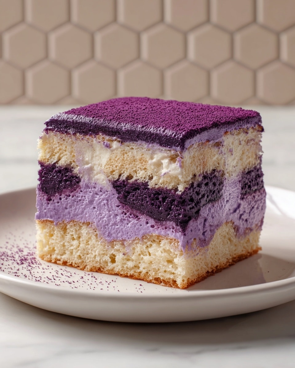 The image shows a square piece of layered dessert on a white plate placed on a white marbled surface. The dessert has three visible layers: two layers of light beige sponge cake on the bottom and middle, soaked slightly and embedded in a thick, airy purple cream that fills the top layer and the space between the sponge layers. The top surface of the dessert is coated with a fine dusting of vibrant, deep purple powder. The background is soft beige with hexagonal shapes. Photo taken with an iphone --ar 4:5 --v 7