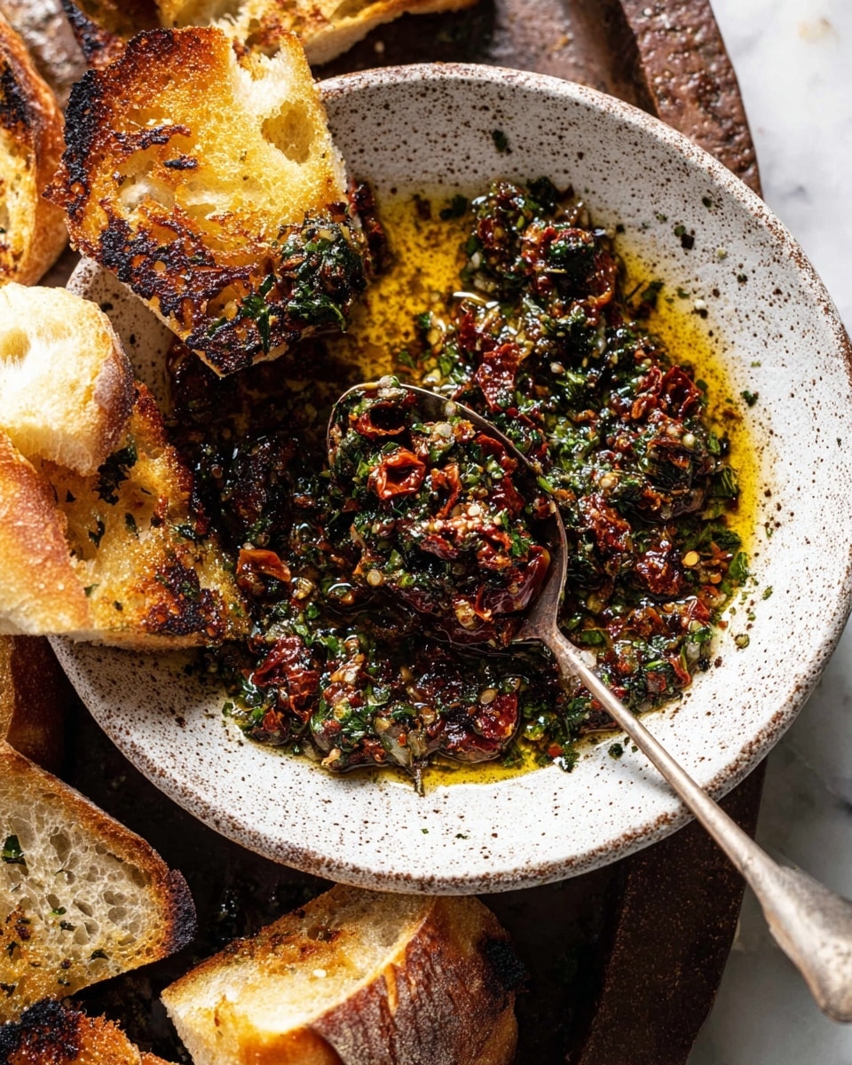 A white speckled bowl holds a mix of chopped herbs and sun-dried tomatoes in olive oil, creating a dark green and reddish oily layer spread thinly along the edges with a clear center showing the oil pooling below. Several pieces of crusty bread with browned, slightly burnt tops and soft, airy interior are seen partially dipped into the oil mixture inside the bowl and surrounding it on a white marbled surface. A spoon resting in the bowl scoops some of the herb and tomato mix, and the scene is lit warmly to highlight textures and colors. Photo taken with an iphone --ar 4:5 --v 7