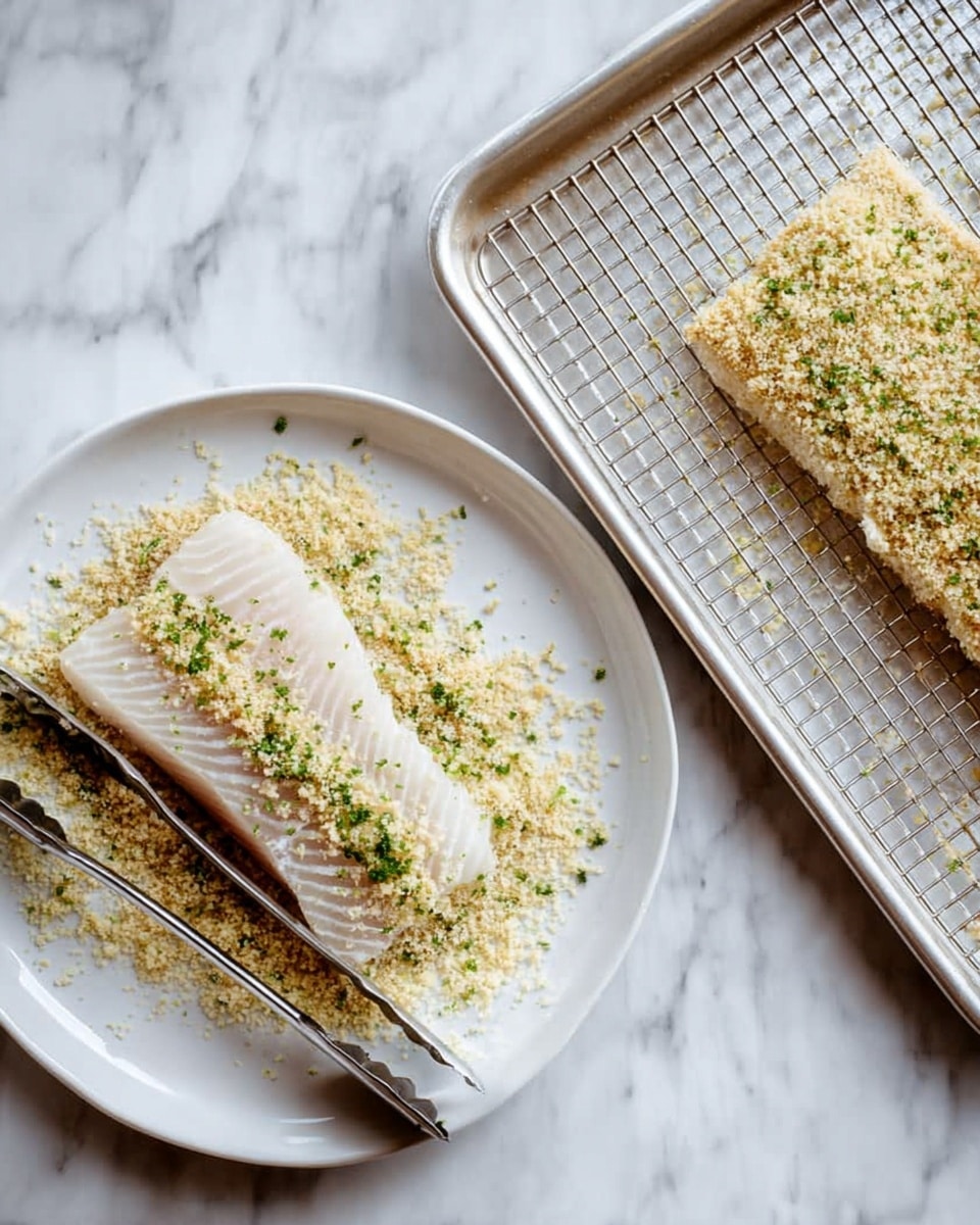A white plate on a white marbled surface holds a piece of pale, raw fish fillet with fine lines running across its surface, resting on a bed of light golden breadcrumbs mixed with green herbs. A pair of silver tongs lies inside the plate beside the fish. To the right, a silver baking tray with a wire rack sits on the same white marbled surface, holding another raw fish fillet fully coated in the breadcrumb and herb mixture, with a light, crumbly texture. photo taken with an iphone --ar 4:5 --v 7