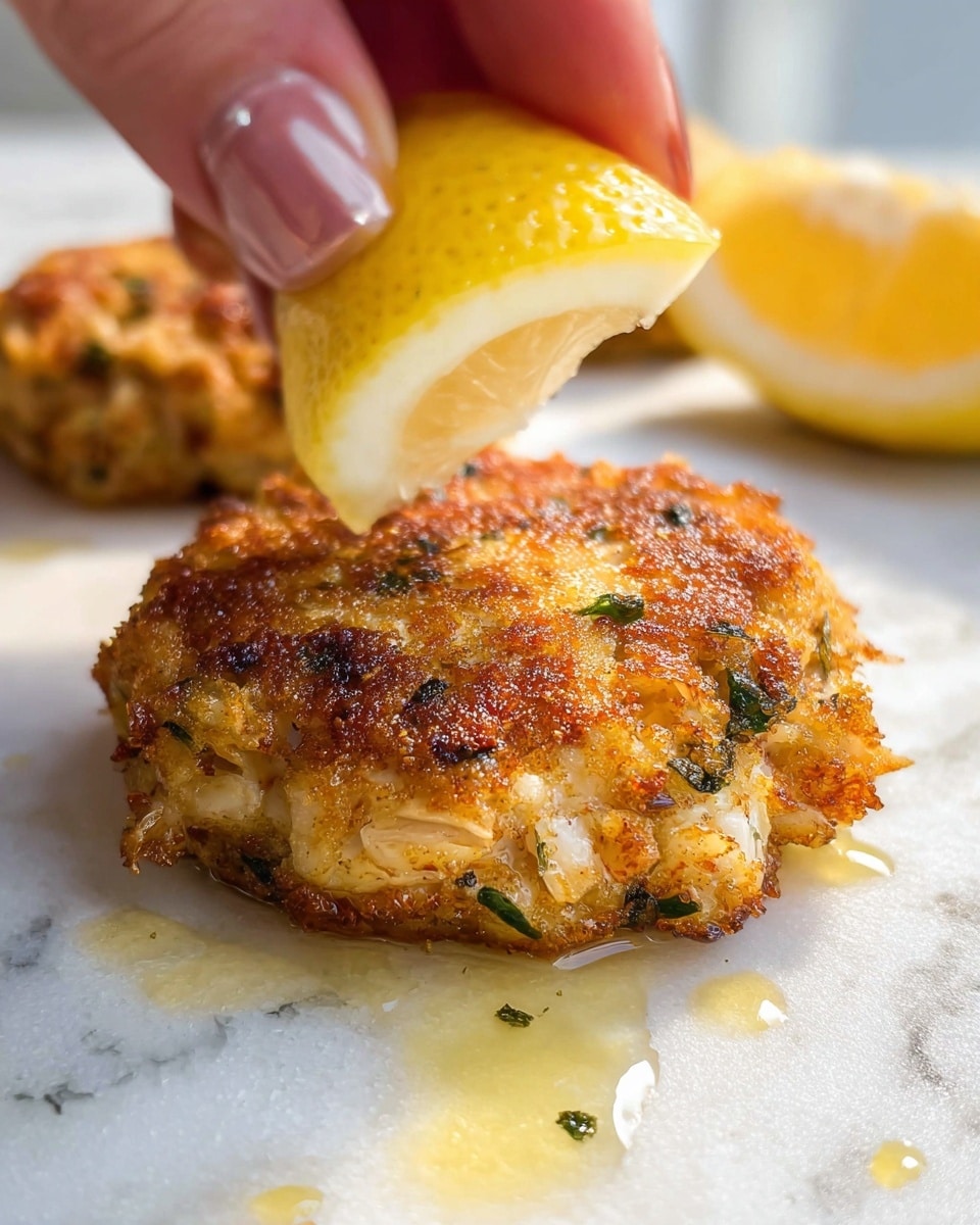 A close-up shows one round, golden-brown crab cake with crispy edges and small green bits of herbs mixed inside, sitting on a white marbled surface with a few drops of oil around it. Above the crab cake is a woman's hand holding a bright yellow lemon wedge, positioned as if squeezing juice onto the crab cake. In the background, there is a second, slightly blurry crab cake of the same texture and color. The scene is bright with natural light. photo taken with an iphone --ar 4:5 --v 7
