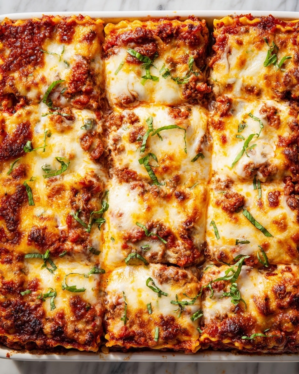 A white rectangular dish holds a baked lasagna cut into twelve square pieces, filled with layers visible from the sides. Each piece has a golden brown melted cheese layer on top, with some darker brown spots and sprinkled with small green basil leaves. Below the cheese, there are visible layers of thick red tomato sauce mixed with ground meat and creamy white cheese layers, all layered between broad pasta sheets. The edges of the dish show some sauce bubbling and cheese slightly browned. The lasagna looks rich, moist, and evenly cooked on a white marbled surface. photo taken with an iphone --ar 4:5 --v 7