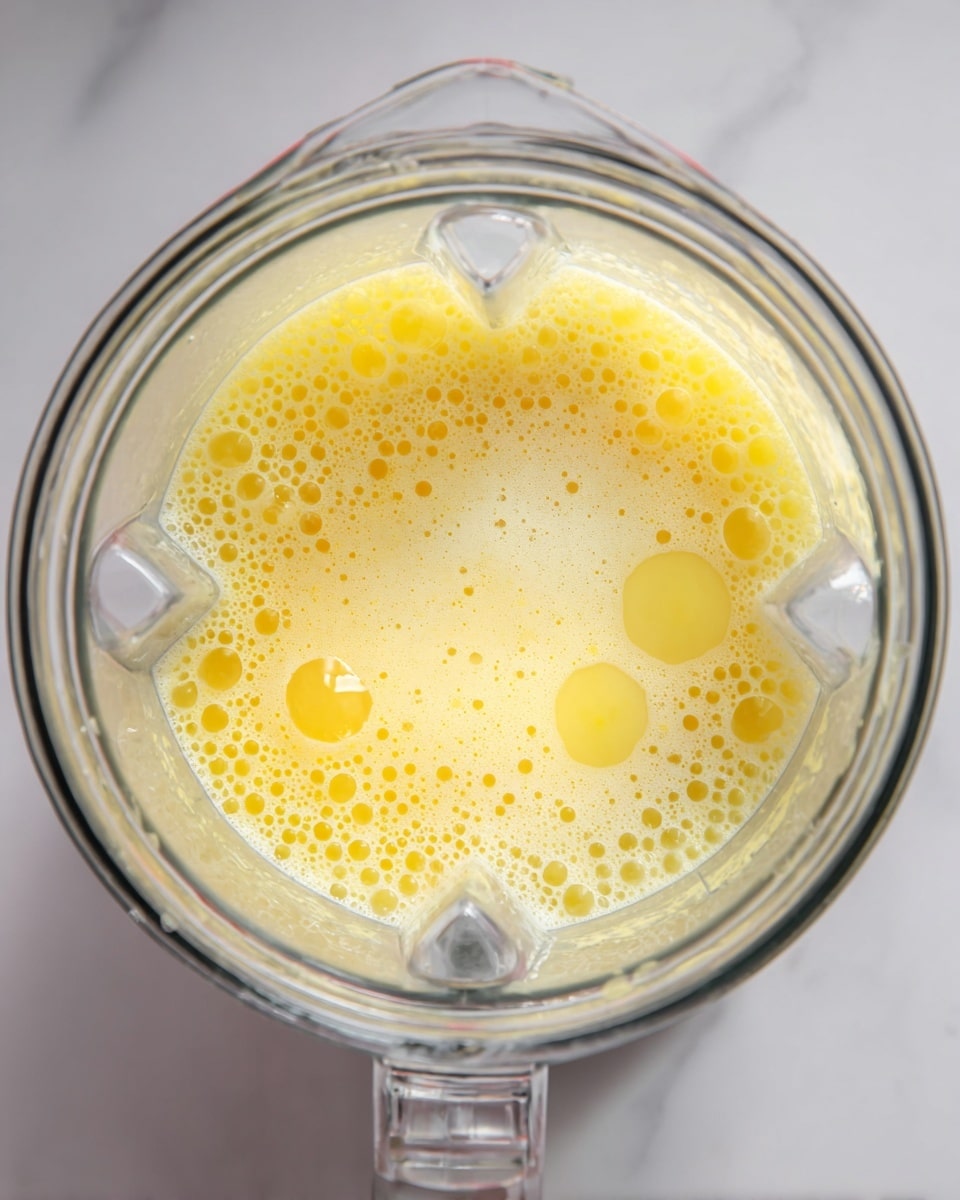 This image shows a close-up top view of a clear blender container filled with a mixture of yellow and light yellow liquid with many bubbles on the surface, giving it a foamy texture. The container has visible handles on the sides and is placed on a white marbled surface. The liquid inside looks smooth and slightly thick, with a gradient from bright yellow at the edges to pale yellow in the center. Photo taken with an iphone --ar 4:5 --v 7