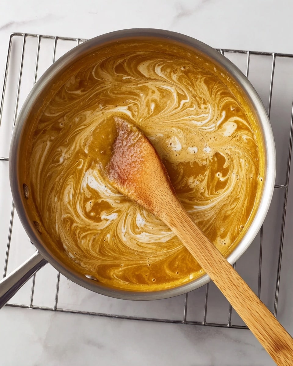 A stainless steel pan filled with a thick, golden-brown sauce that has swirls of lighter cream mixed in, creating a marbled texture on the sauce surface. A long wooden spoon rests inside the pan, with its curved edge partly submerged in the sauce and the handle extending out of the pan toward the bottom of the image. The pan is placed on a cooling rack with thin metal bars, set on a white marbled surface. Photo taken with an iphone --ar 4:5 --v 7