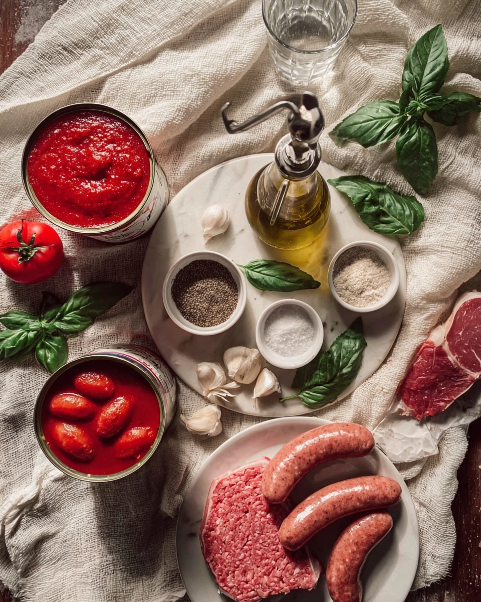 The image shows a flat lay of raw ingredients placed on a white marbled surface with a textured white cloth. In the center, there is a round white marble board holding a small glass bottle of olive oil with a silver dispenser, some garlic cloves, green basil leaves, and small white bowls containing salt, black pepper, and thick red tomato paste. To the left, there are two open cans of red tomato sauce with one partially opened and showing whole tomatoes in sauce. At the bottom right, a white plate holds three raw sausages, two chunks of raw beef, and a pork chop. A clear glass with water is also present near the plate. The overall setting is warm and rustic, with natural lighting highlighting the textures and colors of the ingredients. photo taken with an iphone --ar 4:5 --v 7