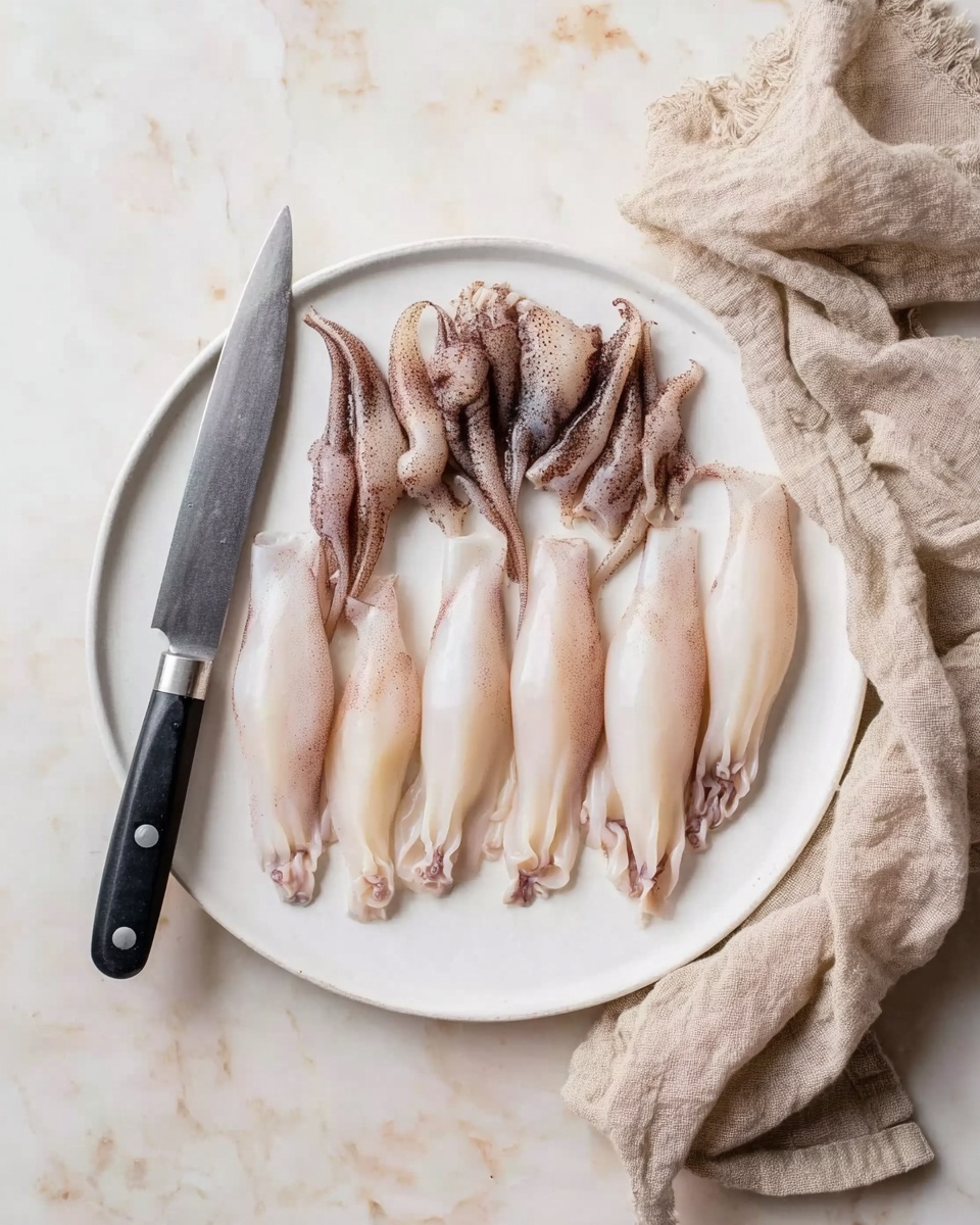 A white plate sits on a white marbled surface, holding cleaned squid parts arranged neatly in two rows; the bottom row features pale, smooth squid bodies with a light pinkish hue, while the top row displays darker, textured squid tentacles with shades of brown and gray. To the left of the plate lies a large knife with a black handle. A beige cloth is casually placed beside the right edge of the plate, adding a soft contrast to the scene. Photo taken with an iphone --ar 4:5 --v 7