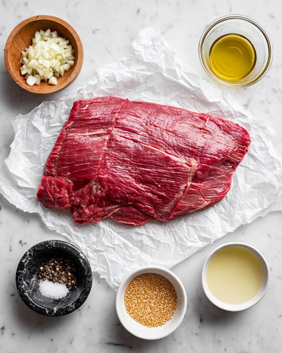 A large, flat piece of raw red meat lies on crumpled white parchment paper in the center, showing a rich red color with visible muscle texture and some white fat streaks. Around it are five small white bowls arranged in a loose circle on a white marbled surface: at the top left, a bowl with chopped pale garlic; at the bottom left, a wooden bowl filled with coarse black pepper; below it, a black marble bowl containing white salt; at the top right, a clear glass cup with a light golden liquid; next to it, a white bowl with a similar light yellow liquid; and below both, a white bowl with a golden-brown granulated substance. photo taken with an iphone --ar 4:5 --v 7