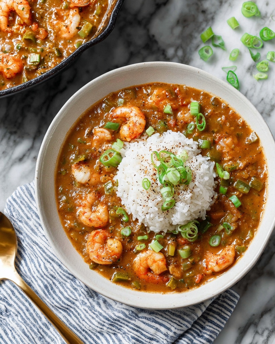 A white shallow bowl holds a thick brown stew filled with small orange shrimp and chopped green vegetables mixed evenly throughout. In the center, there is a round mound of white rice topped with green onion slices and a sprinkle of black pepper. More green onion pieces are scattered on top of the stew, adding a fresh touch. The bowl sits on a white marbled surface next to a blue and white striped cloth and a golden spoon. In the background, a black skillet with more stew is partially visible. photo taken with an iphone --ar 4:5 --v 7