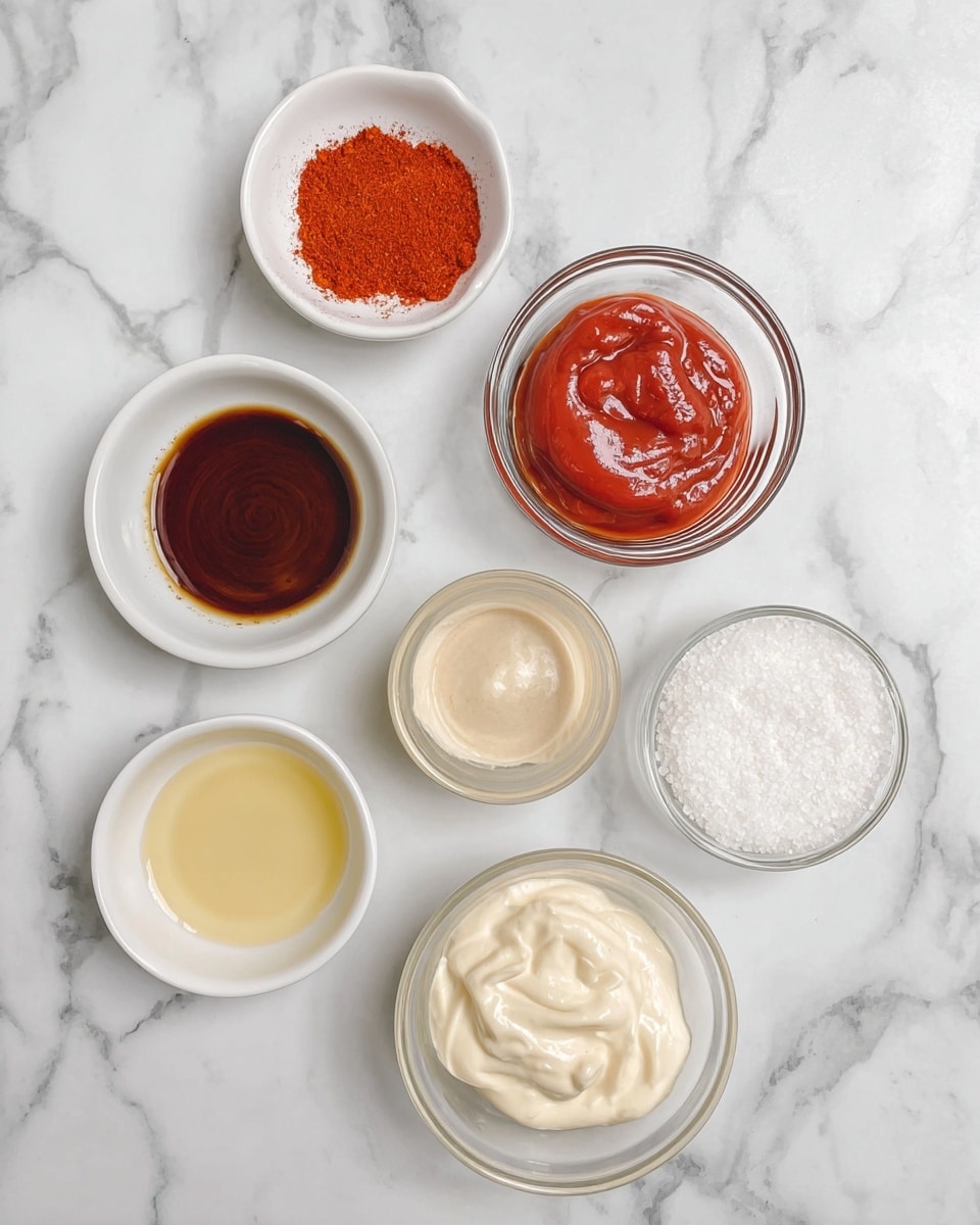 The image shows seven small white bowls on a white marbled surface, each holding different ingredients. Starting from the top left and going clockwise: a bowl with two bright red and orange powdered spices; a glass bowl filled with smooth red sauce; a bowl containing dark brown liquid; a glass bowl of thick creamy off-white sauce; a bowl with a light beige powder; a bowl with clear light yellow liquid; and a bowl filled with white granulated salt. The bowls are arranged loosely in a circular pattern. photo taken with an iphone --ar 4:5 --v 7