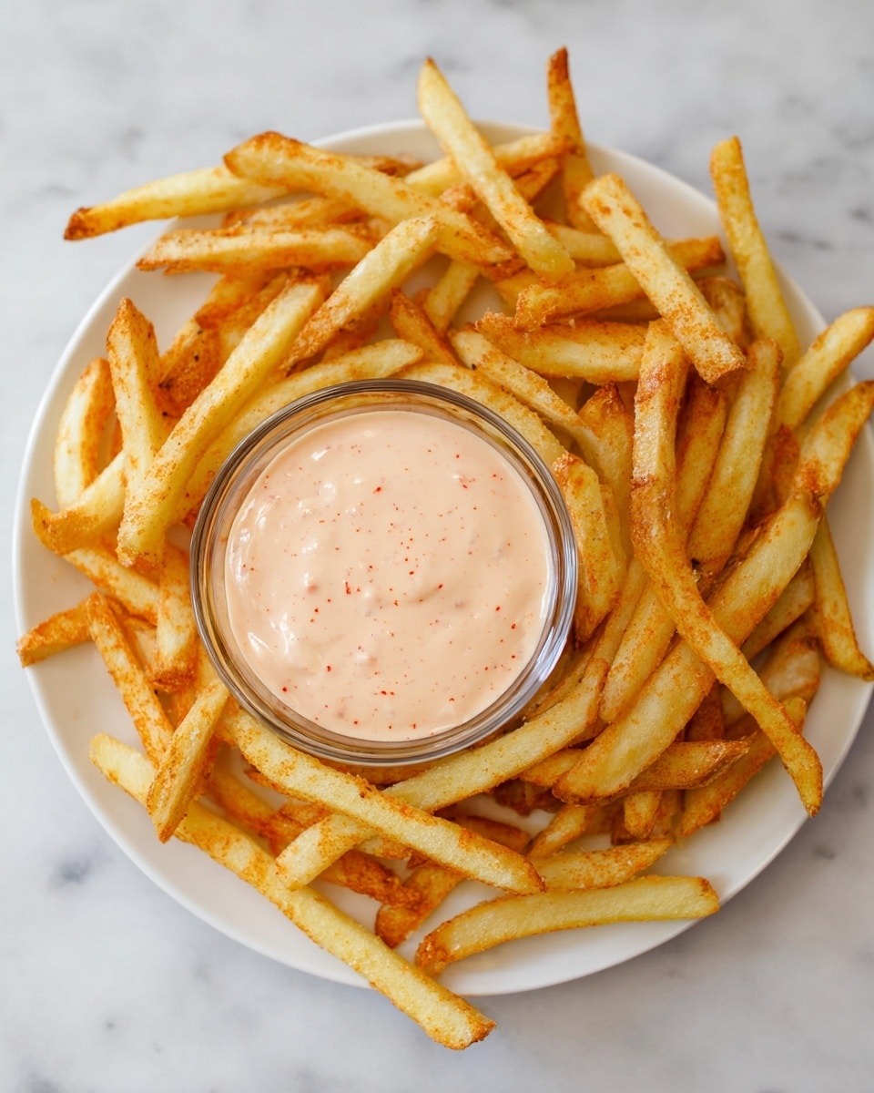 A white plate filled with a circle of golden and crispy French fries, some fries showing light and darker brown spots for extra crunch. In the center of the plate, there is a clear glass bowl with a smooth creamy dipping sauce that is light pink with tiny red specks evenly spread throughout. The plate is placed on a white marbled surface photo taken with an iphone --ar 4:5 --v 7
