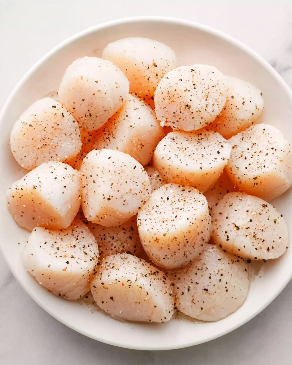 A white plate filled with a single layer of raw scallops, each one plump and pale with a light pink tint. The scallops have a smooth, slightly wet texture and are sprinkled evenly with black pepper and a light orange seasoning. The plate rests on a white marbled surface. photo taken with an iphone --ar 4:5 --v 7