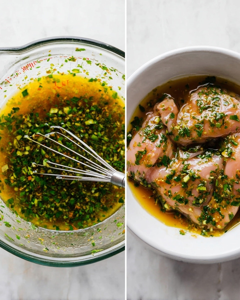 The image shows two parts side by side on a white marbled surface. On the left, a clear glass measuring cup contains a sauce with chopped green herbs floating in a golden yellow liquid, and a metal whisk is inside the cup stirring the sauce. On the right, a white bowl holds several pieces of raw pink chicken covered with the same sauce, sprinkled with finely chopped herbs, making the chicken look glossy and green-speckled. Photo taken with an iphone --ar 4:5 --v 7
