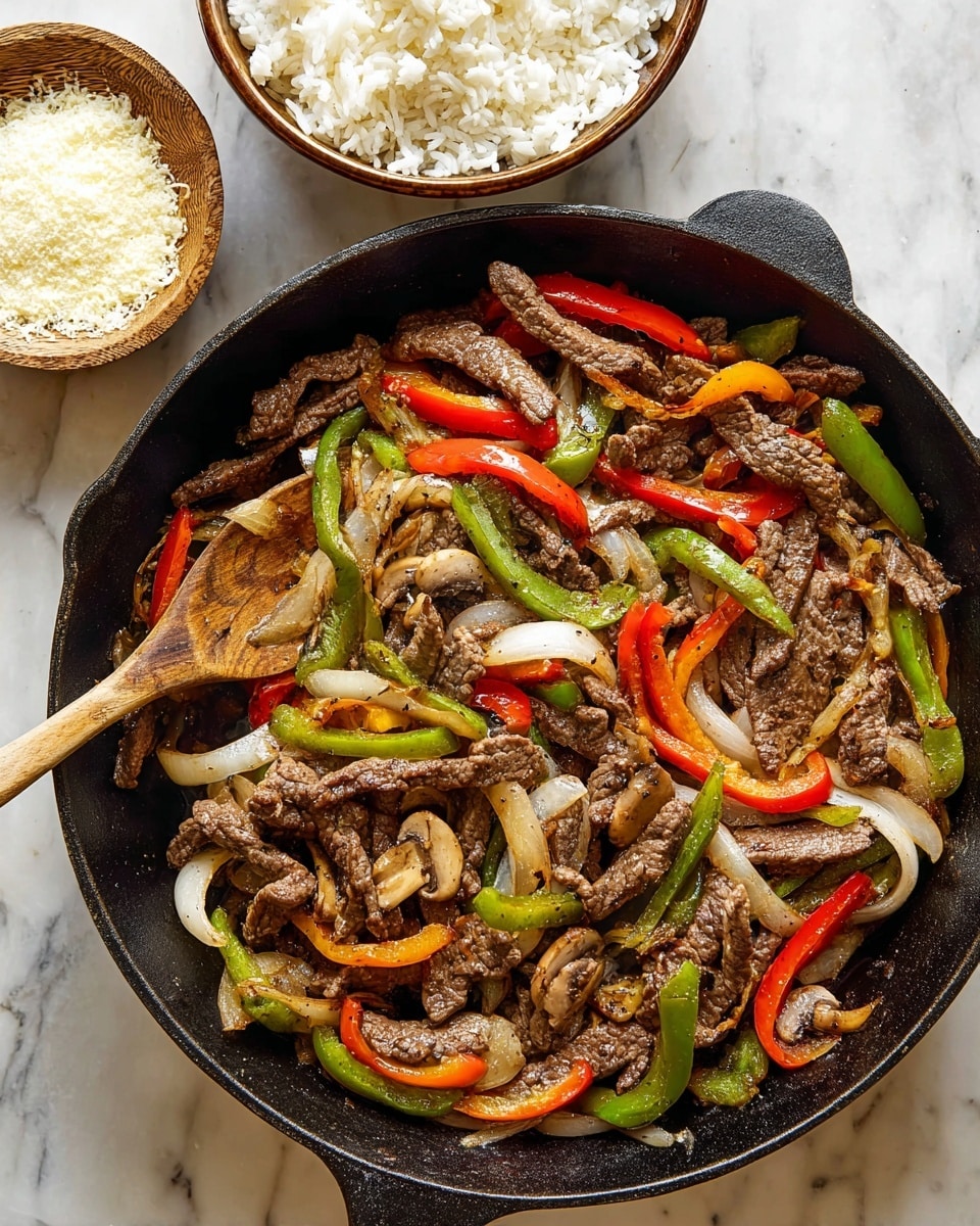 The image shows a black cast iron pan filled with cooked strips of brown beef mixed with sautéed vegetables including long thin slices of green and red bell peppers, pale yellow onion slices, and small pieces of light brown mushrooms. The pan is placed on a white marbled surface with a wooden spoon resting inside, picking up some of the beef and vegetables. Around the pan, there are two white bowls, one filled with plain white rice and the other with grated white cheese. The whole scene is bright and warm, showing a freshly made meal ready to be served photo taken with an iphone --ar 4:5 --v 7