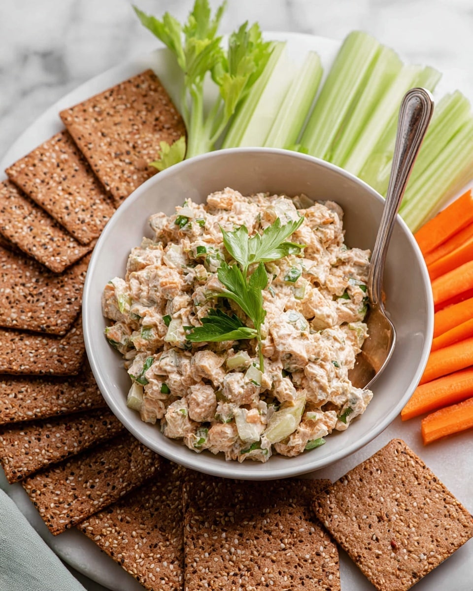 A white bowl in the center is filled with a chunky, light beige salad mixed with small green pieces and topped with green celery leaves. The bowl is surrounded by three neat rows of snacks: bright orange carrot sticks in the back, toasted brown multi-seed crackers on the left, and rectangular light brown crackers on the right. A silver spoon sits in the bowl, leaning slightly to the right. There are a few light green celery stalks with leaves standing upright at the back edge of the bowl. The whole setup is on a white marbled surface that gives a clean and fresh look. Photo taken with an iphone --ar 4:5 --v 7