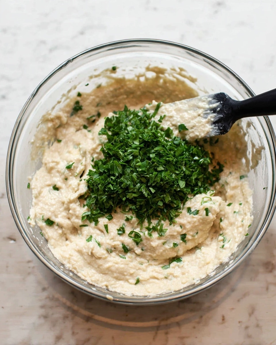 A clear glass bowl filled with a pale beige, thick, creamy mixture with a slightly bumpy texture due to small lumps within it. On top of the mixture, there is a pile of finely chopped fresh green herbs, likely parsley, concentrated in the center. A black-handled spatula is partially buried in the mixture, with some of the creamy mixture coating the blade. The bowl sits on a white marbled surface, and the photo is captured from above. photo taken with an iphone --ar 4:5 --v 7