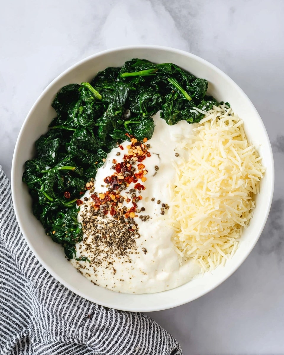 A white bowl filled with four main layers arranged side by side: dark green chopped cooked spinach on the top half, a light cream-colored thick layer of sour cream with some red chili flakes and black pepper sprinkled over it on the left bottom side, and finely grated pale yellow cheese covering the right bottom side. The bowl sits on a white marbled surface with a striped gray and white cloth partially visible on the bottom left. Photo taken with an iphone --ar 4:5 --v 7