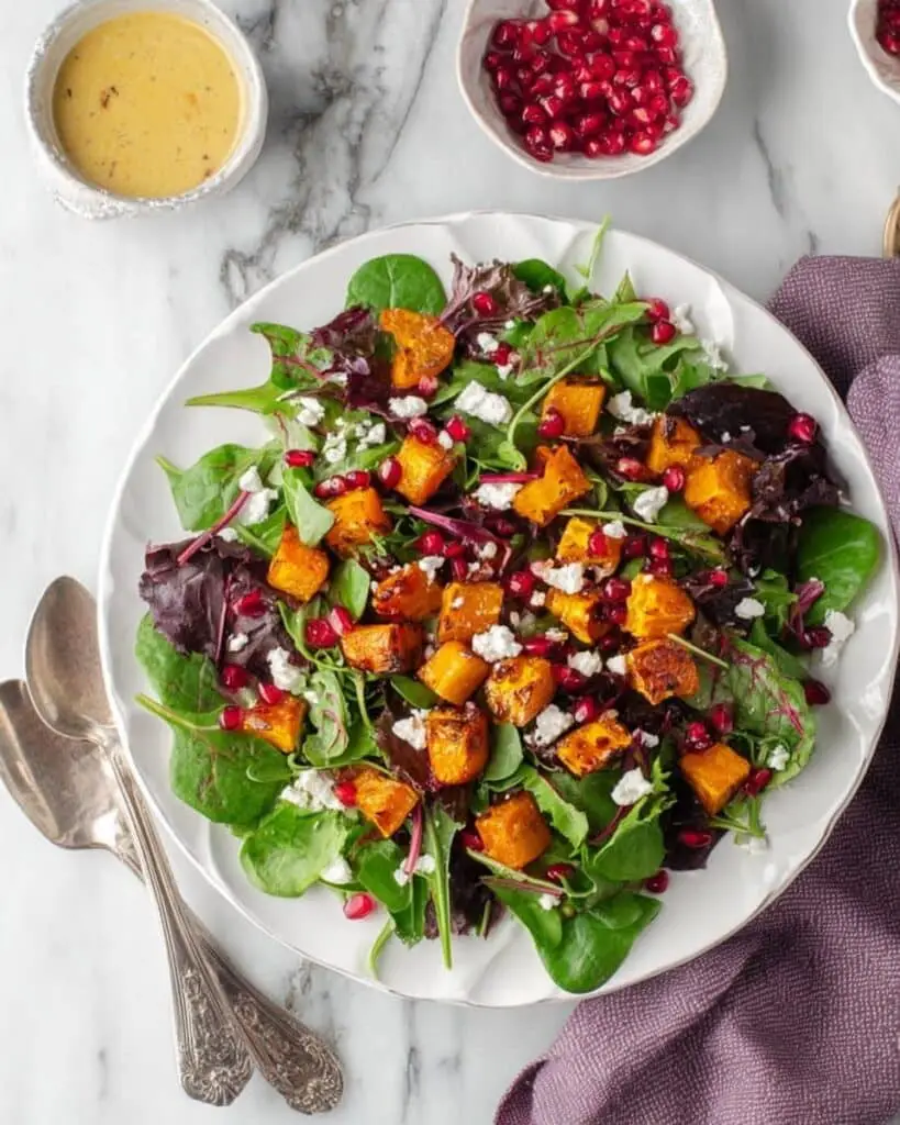 Spiced Roasted Butternut Squash Salad with Pomegranate, Goat Cheese, and Date Dressing Recipe
