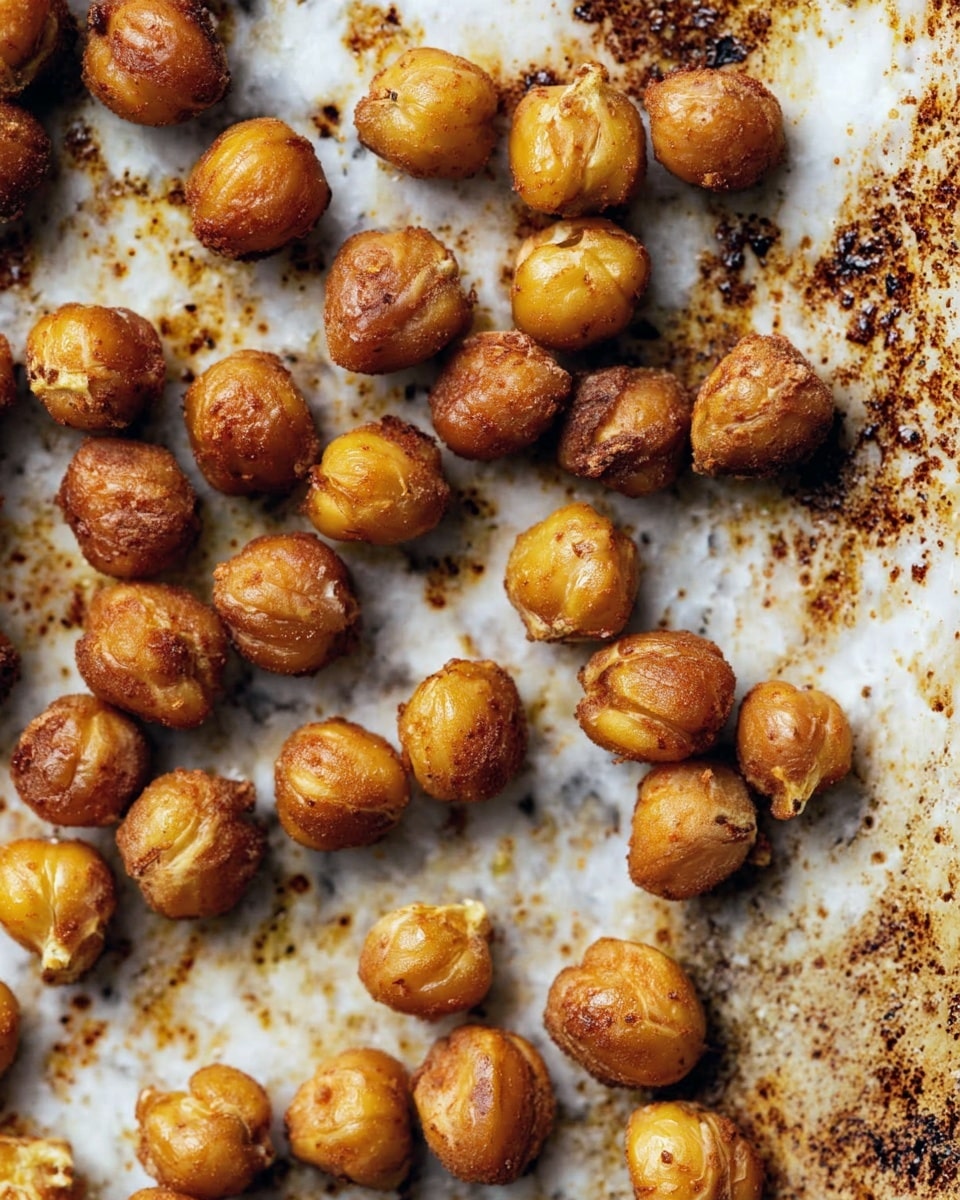 The image shows a close-up of several roasted chickpeas scattered unevenly on a baking tray with a heavily browned and textured surface. Each chickpea is golden brown with a crispy, slightly rough texture and some small cracks visible, showing a pale interior. The chickpeas vary slightly in size and are spaced irregularly, creating a natural, casual arrangement. The background is a white marbled texture. Photo taken with an iphone --ar 4:5 --v 7