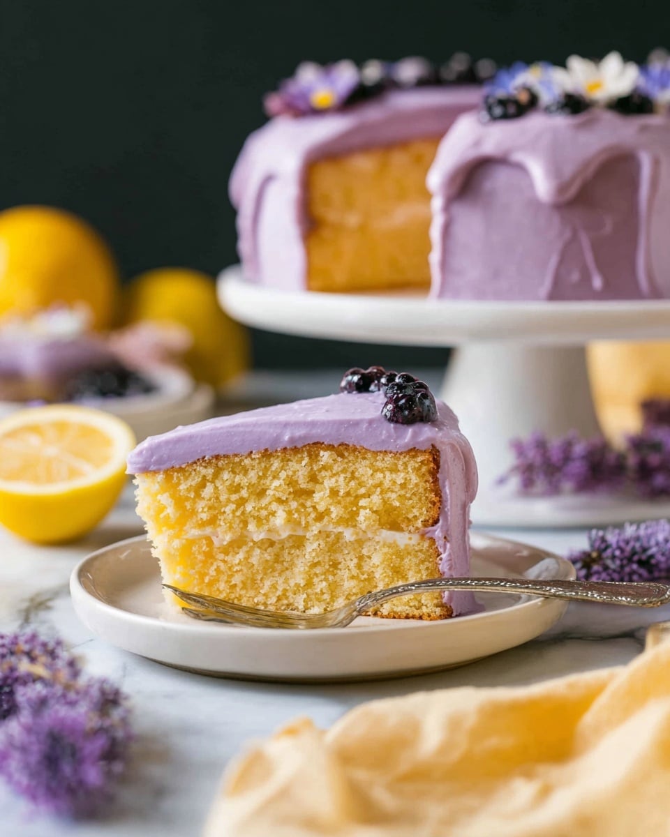 A slice of yellow cake with a light and fluffy texture sits on a white plate, topped with a smooth, thick layer of pale purple frosting that slightly drips down the sides. In the background, the rest of the cake is visible on a white cake stand with more purple frosting and small dark berries scattered on top. Around the plate, there are purple flowers and a halved lemon on a white marbled surface. A silver fork rests next to the cake slice, and soft yellow fabric is partially shown at the bottom right. Photo taken with an iphone --ar 4:5 --v 7