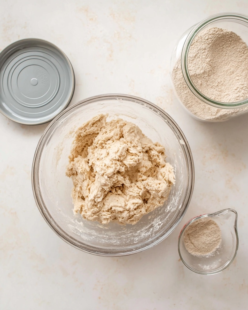 A clear glass mixing bowl sits in the center, filled with a light beige, rough-textured dough that looks slightly sticky and uneven. To the left, a grey round lid rests on the white marbled surface, while to the right, part of a clear glass container holds light brown flour next to an empty clear glass measuring cup with a handle. The white marbled surface serves as the clean background for this simple, natural scene. photo taken with an iphone --ar 4:5 --v 7