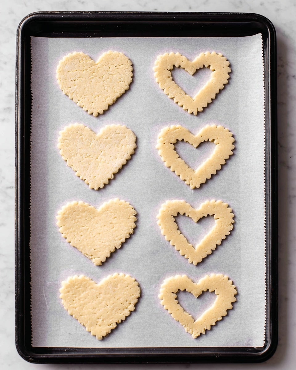 The image shows a black baking tray lined with white parchment paper placed on a white marbled surface. On the tray, there are eight heart-shaped dough pieces arranged in two columns and four rows. The left column has solid heart-shaped dough pieces with a light beige color and a slightly rough texture, while the right column has heart-shaped dough pieces with smaller heart-shaped holes in the center. All dough pieces have scalloped edges and a soft, uncooked appearance. Photo taken with an iphone --ar 4:5 --v 7