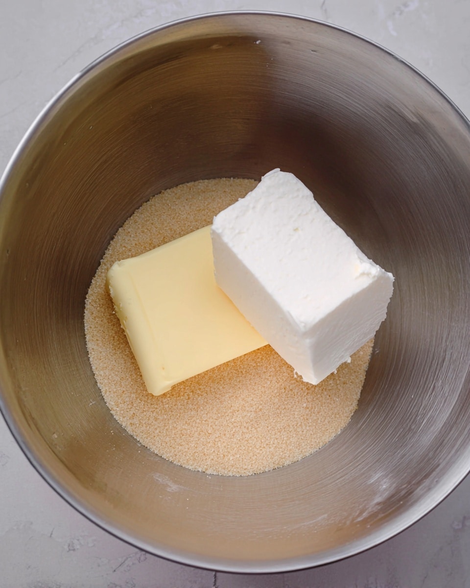 A close-up view of a mixing bowl holding three ingredients: a layer of light brown granulated sugar at the bottom, a white block of cream cheese resting on top of the sugar, and a thick light yellow stick of butter placed below and slightly overlapping the cream cheese. The mixing bowl is metallic with a smooth interior, and the whole image is set against a white marbled textured surface. photo taken with an iphone --ar 4:5 --v 7