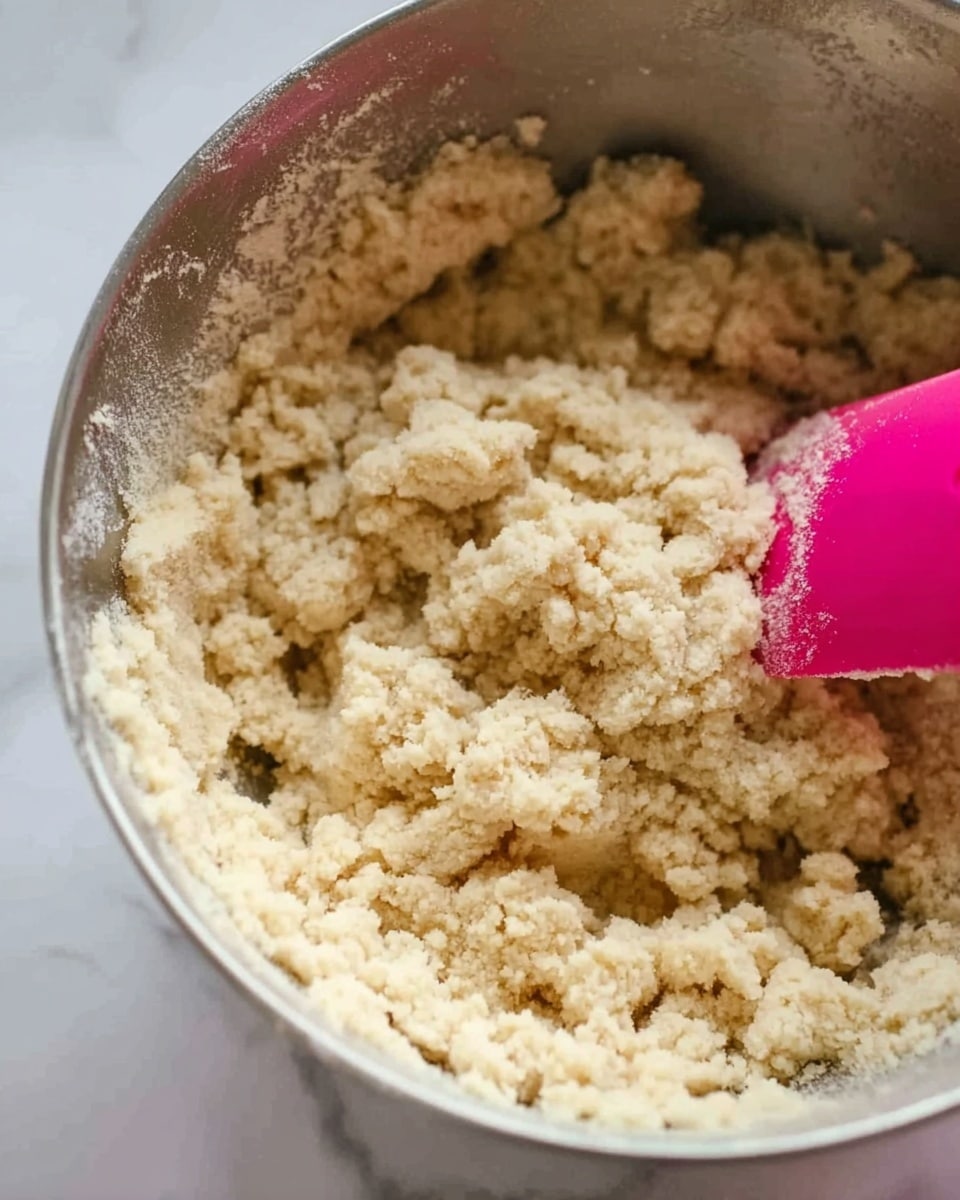 A close-up image shows a silver bowl filled with a crumbly, pale beige dough mixture with a rough texture. A bright pink spatula is partially visible on the right side, slightly covered in the dough, resting inside the bowl. The background is a white marbled surface. photo taken with an iphone --ar 4:5 --v 7