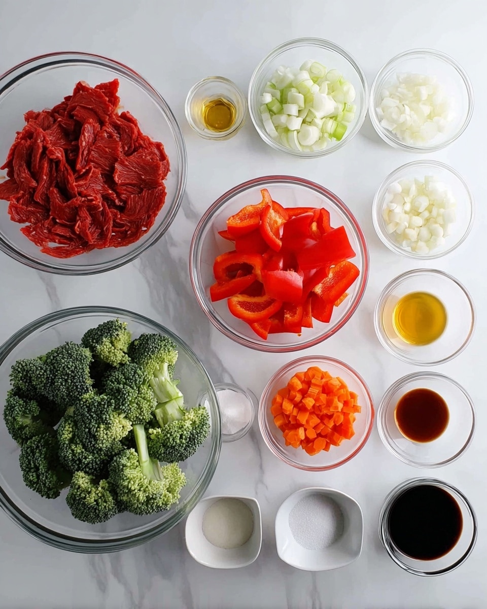 The image shows clear glass bowls arranged on a white marbled surface, each holding different ingredients. On the left, two large bowls hold thin red strips of meat and fresh green broccoli florets. Next to them, a smaller bowl contains bright red bell pepper pieces. Surrounding these are smaller bowls with finely chopped garlic, chopped white onion, and sliced orange carrots. Several tiny bowls hold dark and light sauces, a pale yellow vinegar-like liquid, white sugar, and white starch powders. The ingredients are neatly spaced in rows and columns with clear visibility of their colors and textures. No utensils or human presence appear in the image. photo taken with an iphone --ar 4:5 --v 7