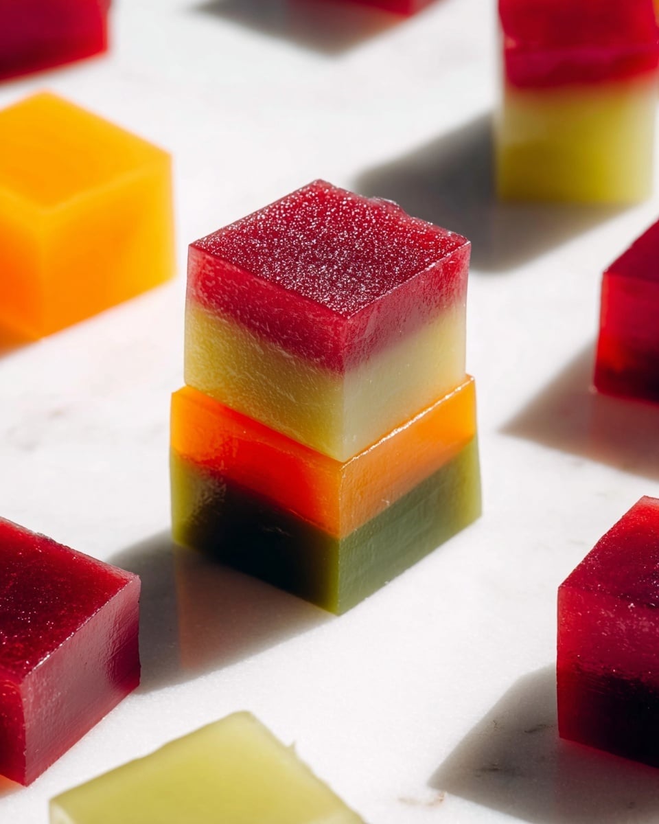 The image shows several colorful, layered jelly cubes placed on a white marbled surface. One cube stack at the center has three layers: a shiny red top layer with a slightly grainy texture, a middle green layer with a matte, smooth look, and a bottom bright orange layer that is glossy and translucent. Around this stack, there are other similar cubes mostly in red, orange, and green tones, some single-layered and some stacked, all with a smooth, delicate texture. The light casts soft shadows, enhancing the jelly's glossy and translucent appearance. Photo taken with an iphone --ar 4:5 --v 7